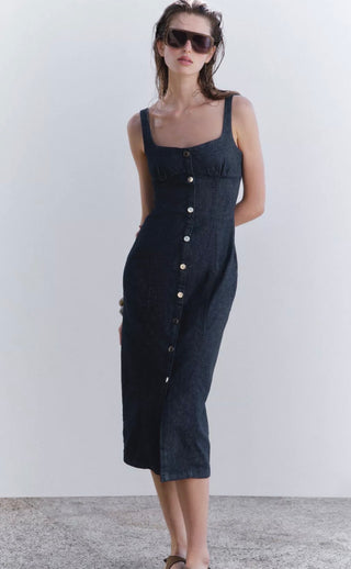 Indigo Denim Body-Sculpt Dress – Sleeveless, Button-Front Design