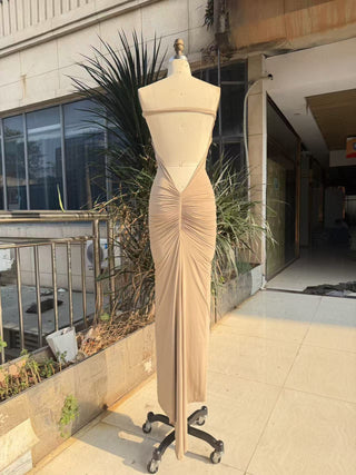 Halter Neck Ruched Open-Back Long Dress