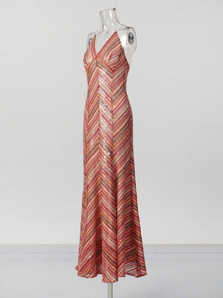 Chevron Sequin Long Evening Dress with Open Cross-Back