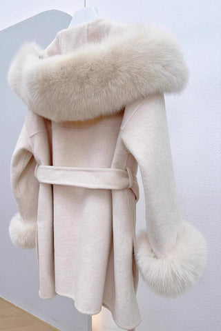Long Wool Coat with Faux Fur Hood and Cuff Trim – Belted Design