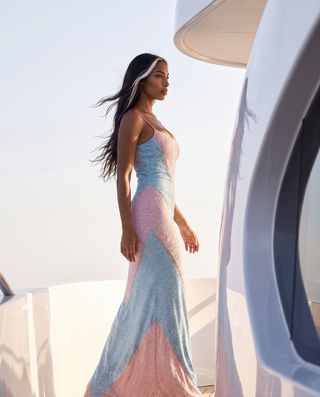 Rhinestone Embellished Colorblock Long Dress with Thin Straps