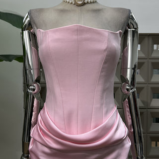 Strapless Satin Corset Maxi Dress with Draped Waist