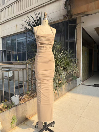 Halter Neck Ruched Open-Back Long Dress