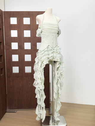 Corset Halter Asymmetric Ruffle Long Dress with Lace-Up Back