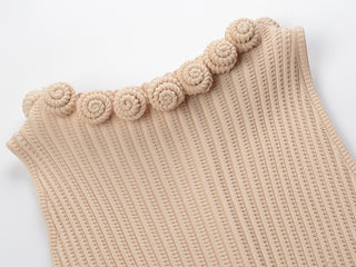 Elegant Ribbed Knit Sleeveless Mini Dress with Floral Trim Neckline