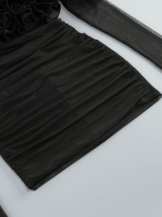 Off-Shoulder Ruffle Mesh-Sleeve Bodycon Mini Dress