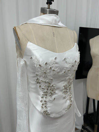 Embellished Satin Corset Mini Dress with Lace Gloves & Scarf