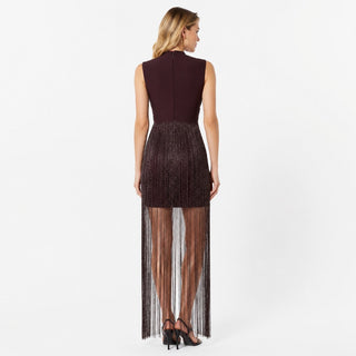 Metallic Fringe High Neck Sleeveless Long Dress
