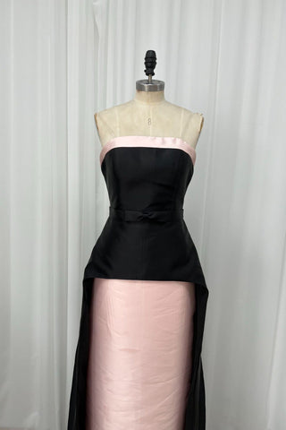Strapless Satin Peplum Long Dress with Contrast Panel