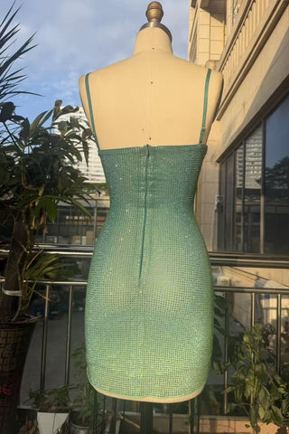 Crystal Embellished Cowl Neck Spaghetti Strap Mini Dress