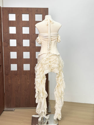 Corset Halter Asymmetric Ruffle Long Dress with Lace-Up Back
