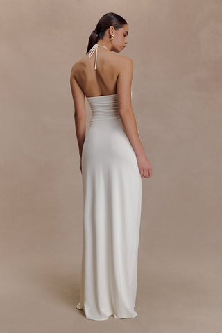 Gold Detail Halter Long Dress – Sleeveless Open Back, Ruched Waist & Floor-Length