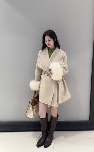 Wrap Belted Wool-Blend Jacket with Fur Cuffs