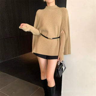 High-Neck Ribbed Knit Sweater with Cape-Style Sleeves