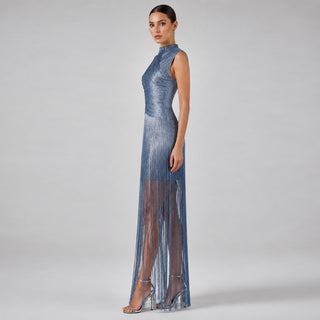 Metallic Fringe High Neck Sleeveless Long Dress