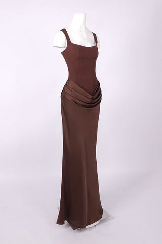 Structured Corset Draped Bodycon Long Dress with Wide Straps