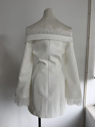 Lace Trim Off-Shoulder Tailored Blazer Mini Dress with Long Sleeves & Button Front