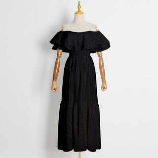 Embroidered Off Shoulder Ruffled Long Dress