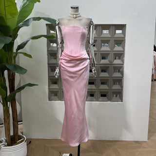 Strapless Satin Corset Maxi Dress with Draped Waist
