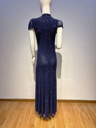 Crystal Draped Cape Neck Short Sleeve Long Dress
