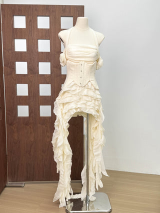 Corset Halter Asymmetric Ruffle Long Dress with Lace-Up Back