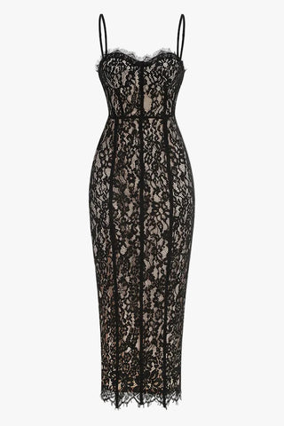 Sleeveless Floral Lace Midi Dress with Corset Bodice