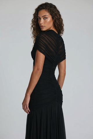 Ruched Mesh Short Sleeve Cut-Out Long Dress