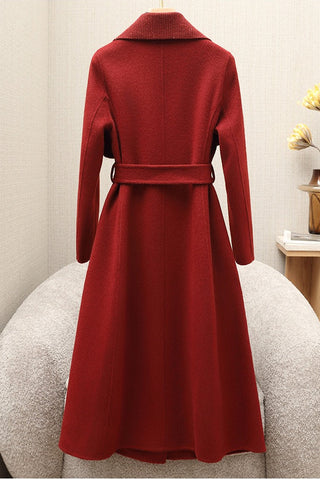 Soft Wool Blend Belted Wrap Long Coat with Wide Collar