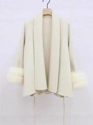Fur Cuff Belted Knit Cardigan – Long Sleeve Wrap Design