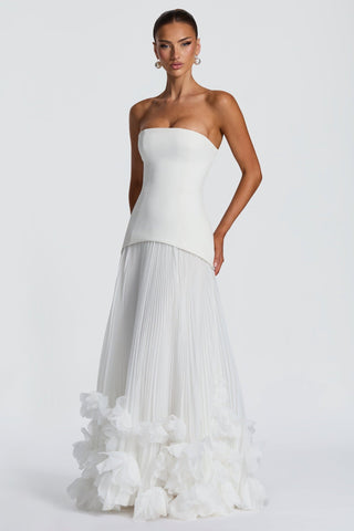 Strapless Lace-Up Corset Long Dress with Pleated Skirt and 3D Floral Trim