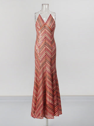 Chevron Sequin Long Evening Dress with Open Cross-Back