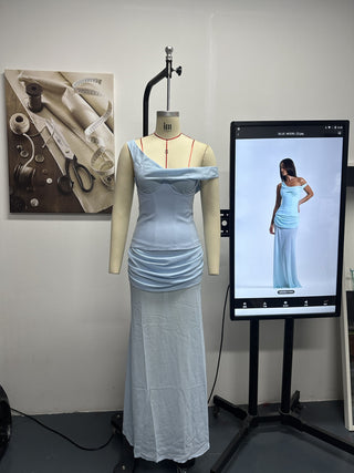 Draped Asymmetric Mesh Long Dress