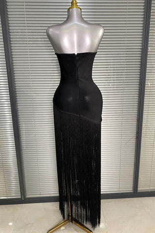 Strapless Floral Appliqué Fringe Long Dress with Bodycon Silhouette