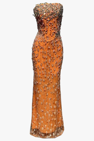 Pearl & Crystal Embellished Strapless Long Dress