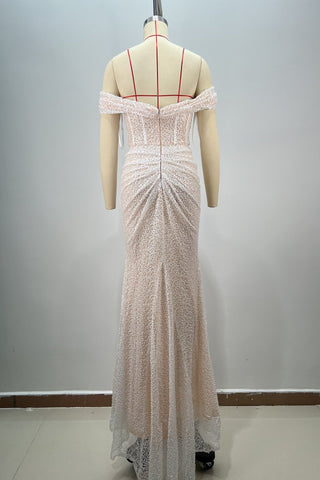 Off-Shoulder Sequin Draped & Ruched Long Evening Dress