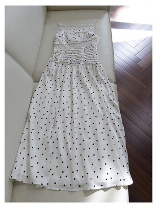 Polka Dot Lace Panel Ruched Midi Dress