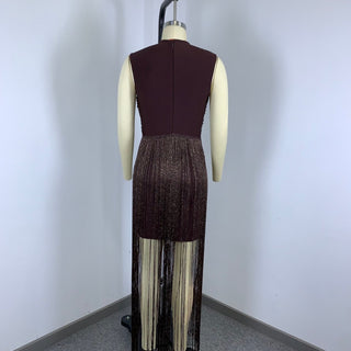 Metallic Fringe High Neck Sleeveless Long Dress