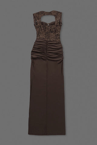 Lace Corset Draped Bodycon Long Dress with Cap Sleeves