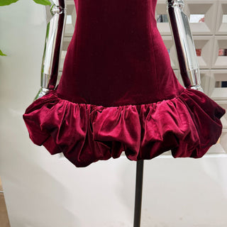 Sleeveless Burgundy Velvet Mini Dress with Bubble Hem Design