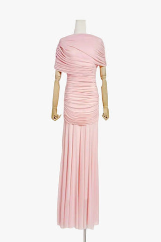 Ruched Off-Shoulder Long Dress – Draped Top & Flowing Skirt