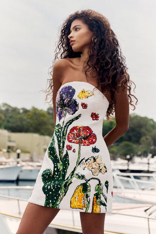 Floral Strapless A-Line Mini Dress with Statement Flower Design