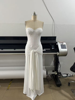 Sequin Corset Strapless Sweetheart Ruched Draped Long Dress