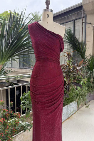 One-Shoulder Shimmer Mesh Long Evening Dress