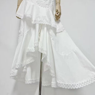 Strapless Lace Appliqué Crop Top & Tiered Asymmetric Long Skirt Set