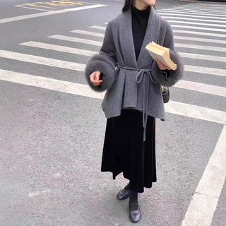 Fur Cuff Belted Knit Cardigan – Long Sleeve Wrap Design