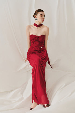Soft Mesh Draped Strapless Long Dress with Sheer Scarf
