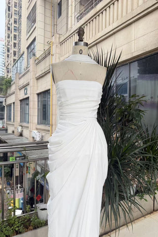 Strapless Ruched Long Dress with Lace-Up Back & High Slit