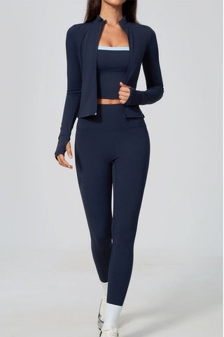 Zip-Up Active Jacket, Bandeau Top & High-Waist Leggings Set