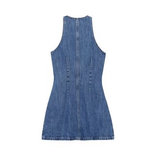 Sculpted Button-Front Denim Mini Dress — Sleeveless Fitted A-Line