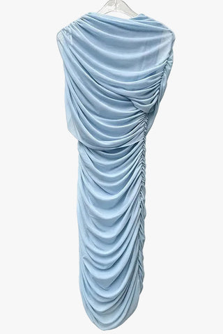 Ruched Mini Bodycon Dress with High Neck, Short Sleeves & Draped Overlay